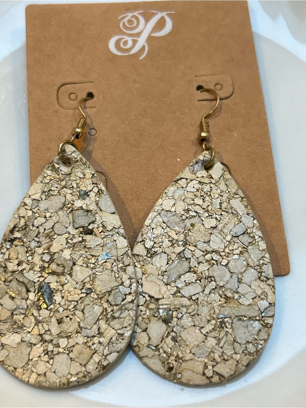 Plunder Gold-Flecked Beige Teardrop Earrings